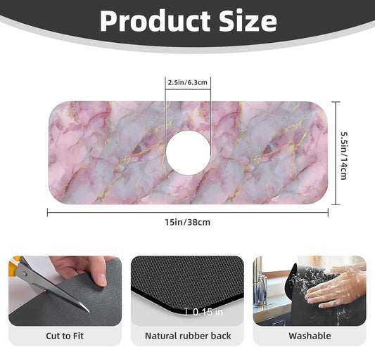 Light Pink Marble With Gold Faucet Mat Splash Guard, Absorbent Quick-Dry Kitchen Sink Mat,Ideal For Splash Guard Drip Catching