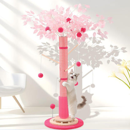 Cat Scratching Post for Indoor Cats Adults, 45 Inch Tall Cat Scratcher with Sisal Rope, Large Cats Scratching Posts with Hanging Ball for Kittens and Medium Large Cats (Pink Color)