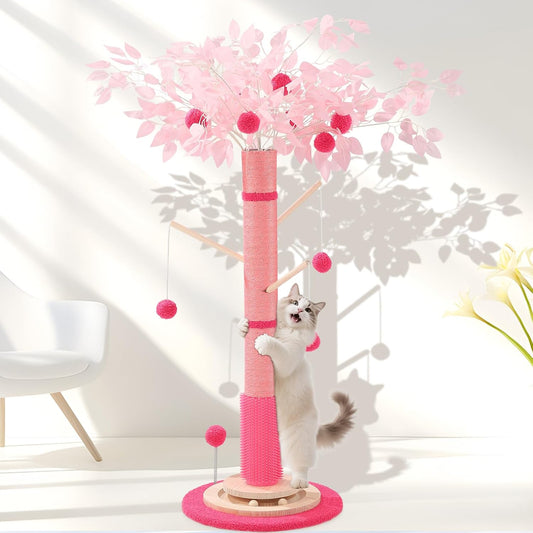 Cat Scratching Post for Indoor Cats Adults, 45 Inch Tall Cat Scratcher with Sisal Rope, Large Cats Scratching Posts with Hanging Ball for Kittens and Medium Large Cats (Pink Color)