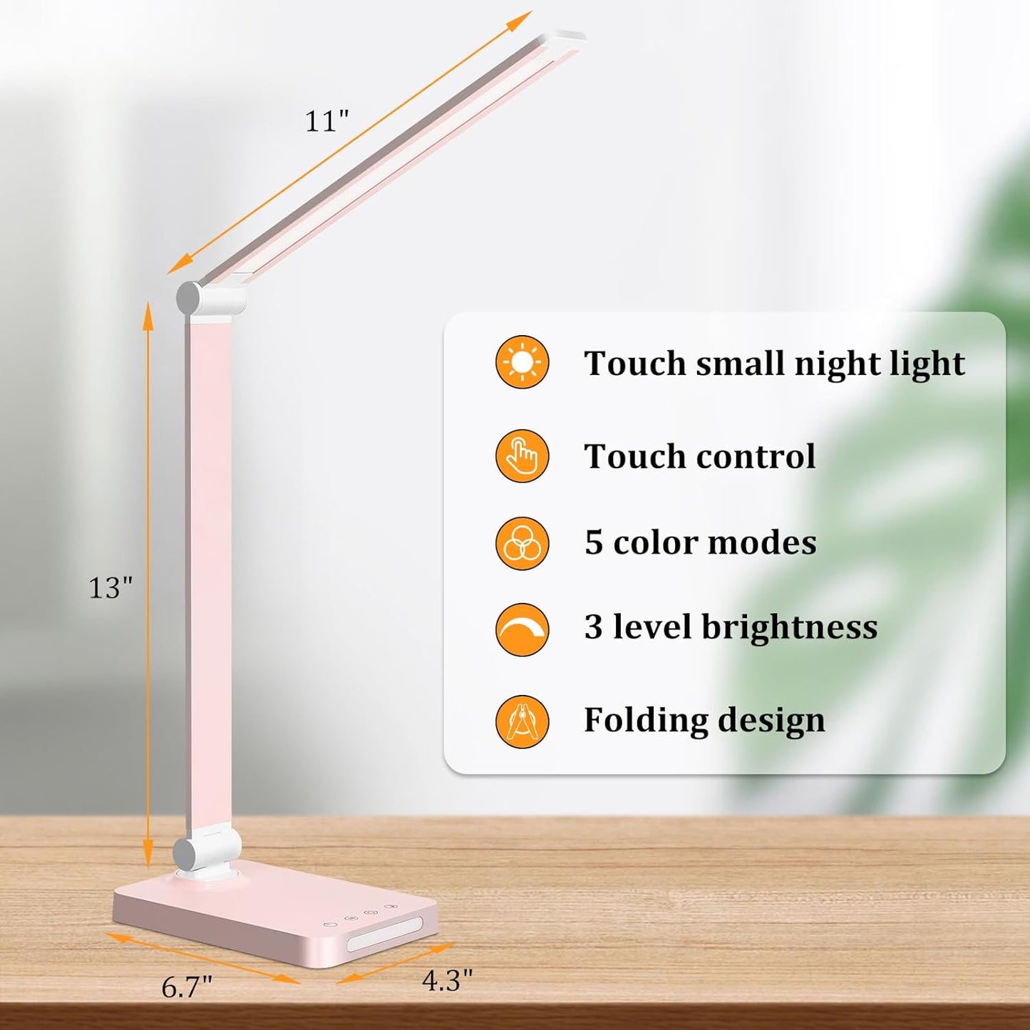 LED Desk Lamp with USB Ports,Touch Desk Lamps for Home Office with 5 Color Modes,3 Brightness Desk Light with Small Night Light,Reading Lamp Table Lamp for Bedroom Bedside Study Pink （with adapter）