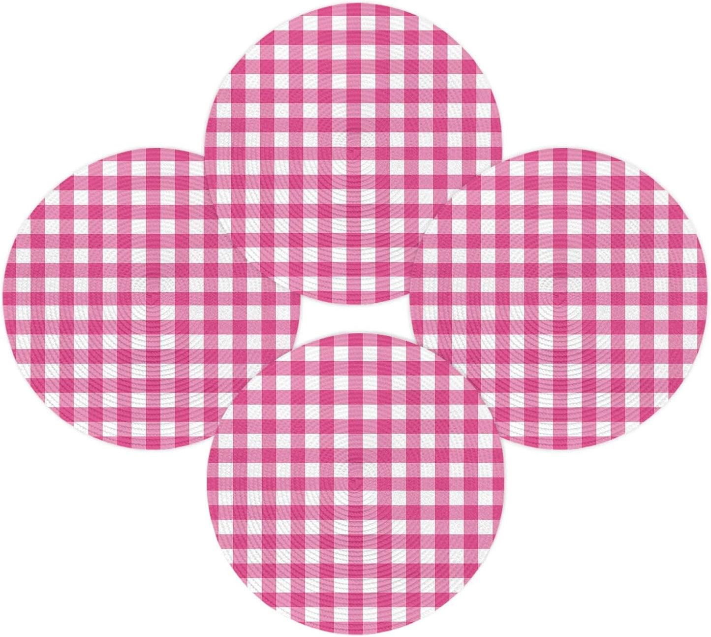 Round 15 Inch Placemats Set of 4, Peach Pink Checked HeatResistant Non Slip Place Mats for Dining Table, Farmhouse Buffalo Plaid Country Grid Wipeable Braided Kitchen Table Mats for Housewarming