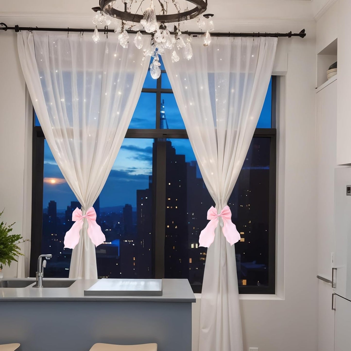 2 PCS Bow Curtain Tiebacks, Pink Butterfly Curtain Tiebacks with Pearls Sweet Bowknot Curtains Holdbacks Buckles Ribbon Curtains Ties for Home Bedroom Offices Dining Rooms Wedding Party Decoration