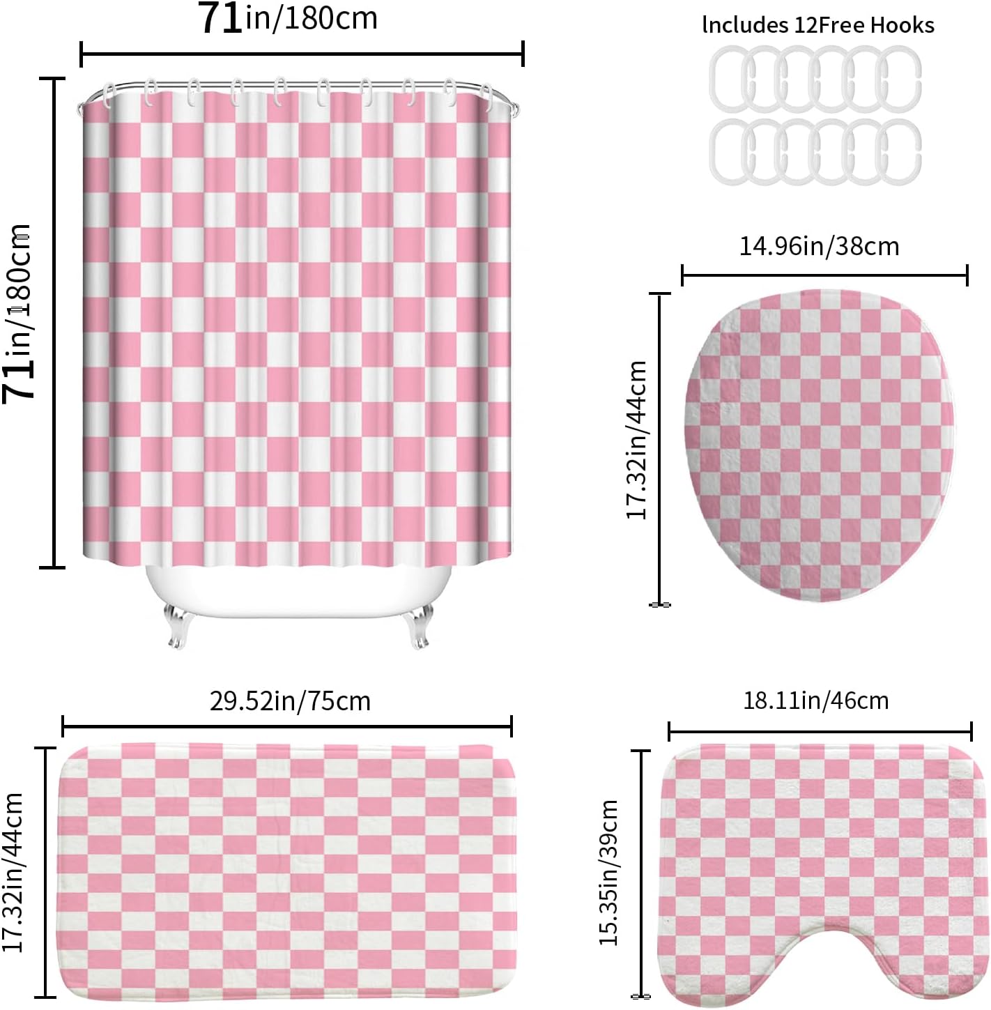 4 PCS Checkered Shower Curtain Sets Fun Gingham Bathroom Sets Soft Non Slip Bath Rugs Toilet Cover U-Shaped Mat Retro Bright Waterproof Shower Curtains with 12 Hooks for Tub Toilet, Pink