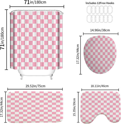 4 PCS Checkered Shower Curtain Sets Fun Gingham Bathroom Sets Soft Non Slip Bath Rugs Toilet Cover U-Shaped Mat Retro Bright Waterproof Shower Curtains with 12 Hooks for Tub Toilet, Pink