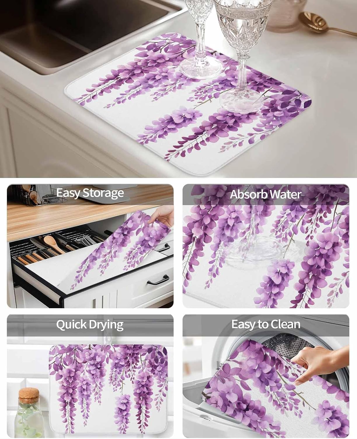 Dish Drying Mat Wisteria Floral Drying Mat for Kitchen Counter Light Pink Leaf Dish Pads Absorbent Microfiber Machine Washable 16 x 18 Inches