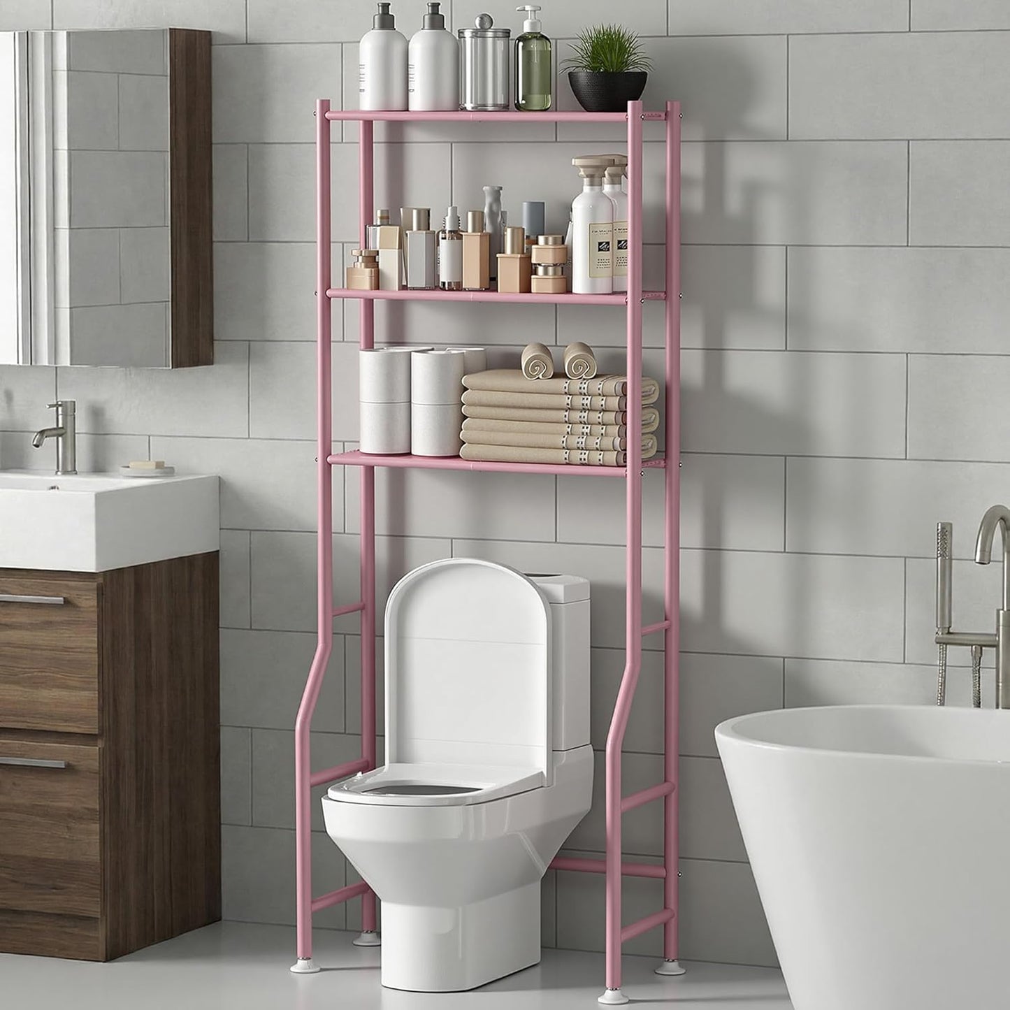 Livilord 3-Tier Over The Toilet Storage Rack, Space Saver Metal Bathroom Shelves, Freestanding Over Toilet Bathroom Organizer for Bathroom/Living Room (Pink)