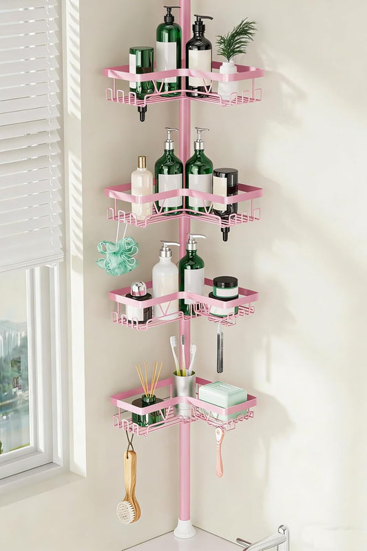 DAOYA Corner Shower Caddy Tension Pole - Pink - Rustproof Adjustable Bathroom Organizer Shelf for Shampoo, 25–114.2 Inch Shower Rack for Renters, Apartments