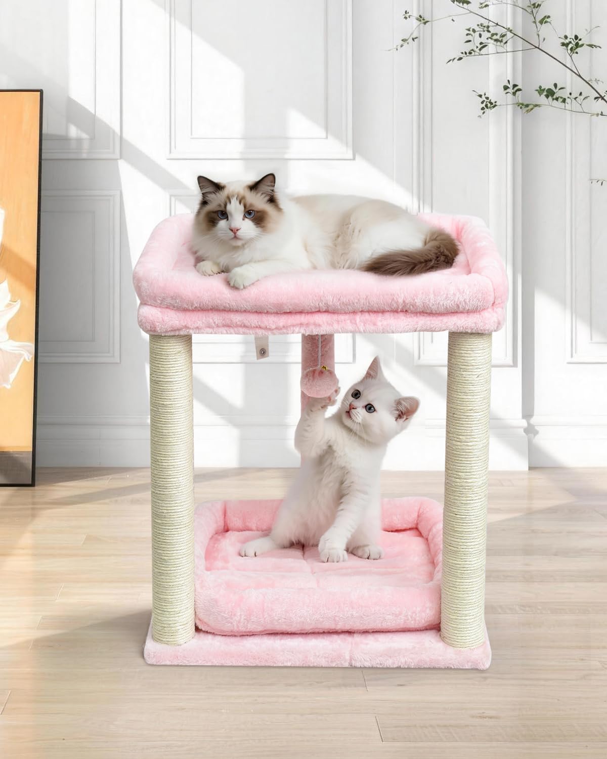 SYANDLVY Small Cat Tree for Indoor Cats with 2 Levels Perch Platforms, Natural Sisal Scratching Post Tower with Hanging Bell Ball & Anti-Tip Strap, Stable Cat Perch Furniture for Kittens, Pink