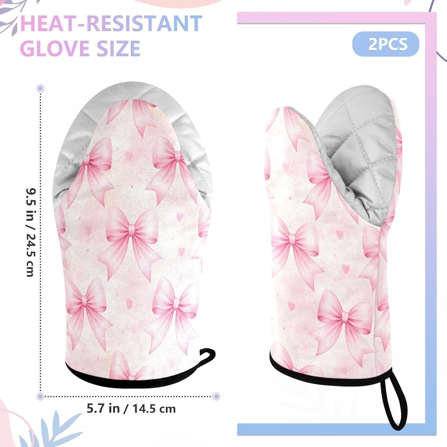 Bows Light Pink Non-Slip Oven Mitts Set Heat Resistant Kitchen Gloves with Quilted Liner Cotton Machine Washable with Hanging Loop for Baking Grilling BBQ