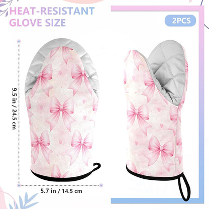 Bows Light Pink Non-Slip Oven Mitts Set Heat Resistant Kitchen Gloves with Quilted Liner Cotton Machine Washable with Hanging Loop for Baking Grilling BBQ