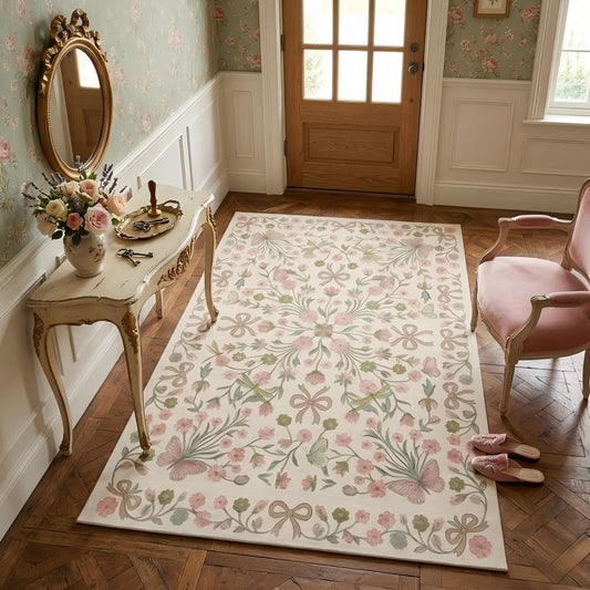 3x5 Area Rugs Boho Vintage Floral Bow Rug with Non Slip Backing, Washable Low Pile Soft Beige Pink Floral Carpet for Entryway, Nursery, Kids Room, Bathroom Vanity, Small Living Space