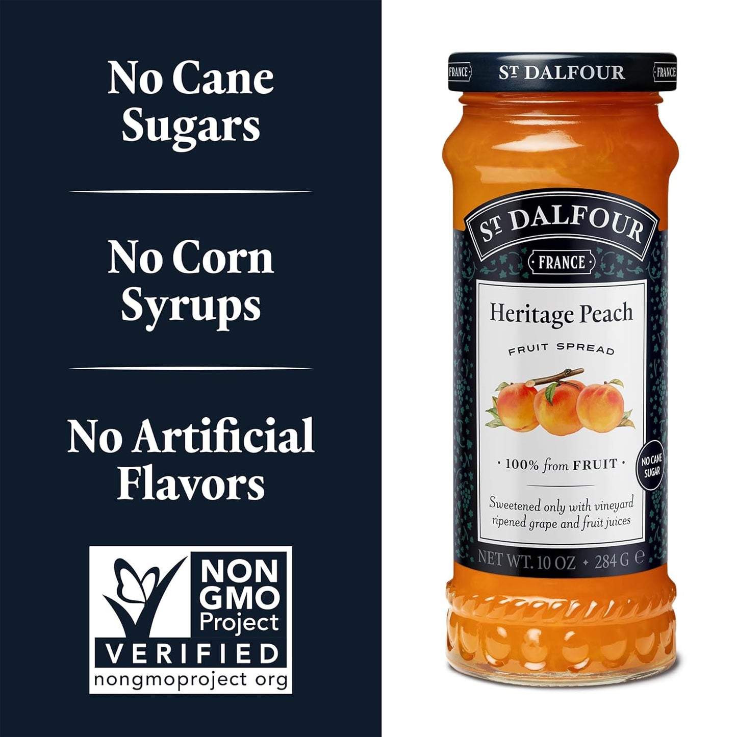 St. Dalfour Heritage Peach Fruit Spread - 10oz - 100% from Fruit, No Artificial Ingredients, Non-GMO, No Cane Sugars, All Natural, Made in France