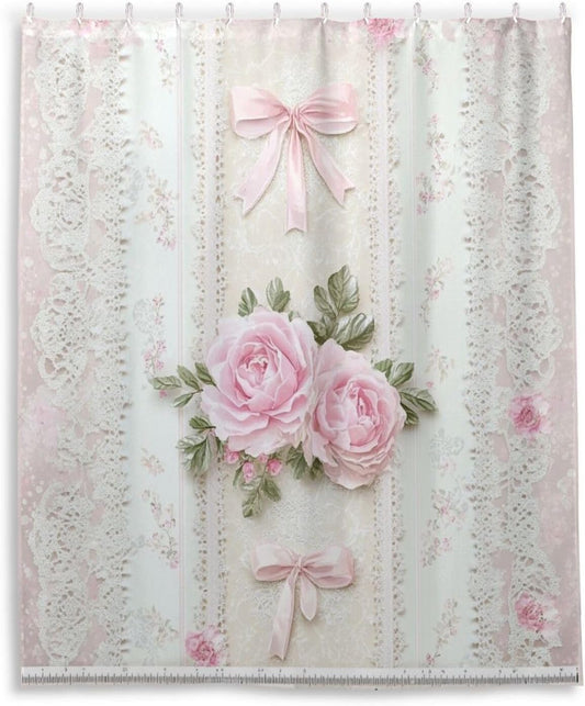 Shower Curtains White Lace Pink Flowers Curtain，Waterproof Fabric Decor Shower Curtains for Bathroom Set with 12 Hooks，60” x 72”