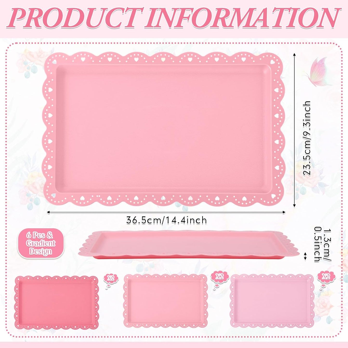 6 Pcs Pink Serving Trays Plastic Platters Dessert Cupcake Holder Party Supplies 14.4 x 9.3 Inches Rectangular Cookie Snack Display Tray for Wedding Restaurant