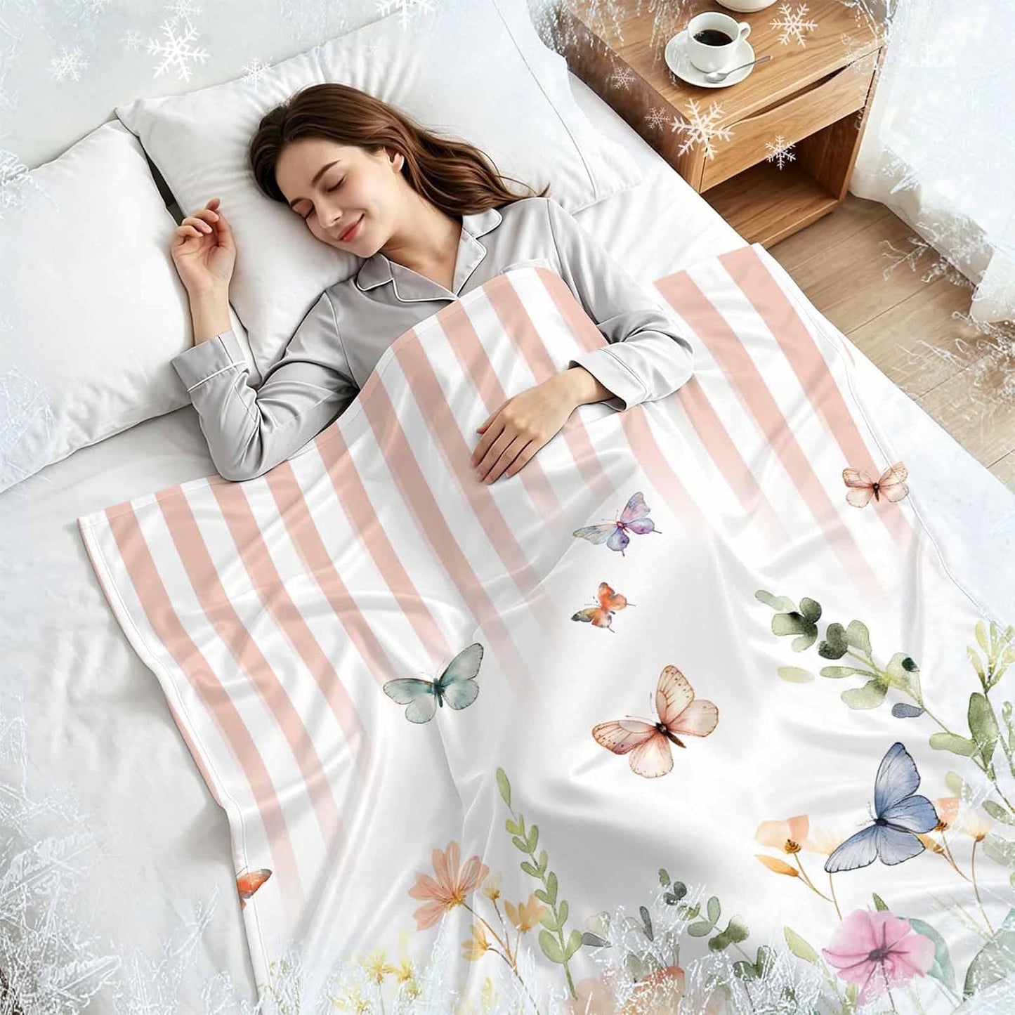 Cooling Blanket for Hot Sleepers Watercolor Butterfly Lightweight Breathable Double Sided Summer Blanket Floral Leaves Pink Strips Cooling Throw Blanket for Couch Bed Night Sweats 30"x40"