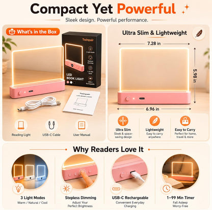 TWINPAIR LED Book Light for Reading, USB Rechargeable Flat Reading Lamp with Full Page Light, 3 Colors 2 in 1 Night Light,Dimming & Timer Reading Light Gift for Book Lovers, Students, Readers (Pink)