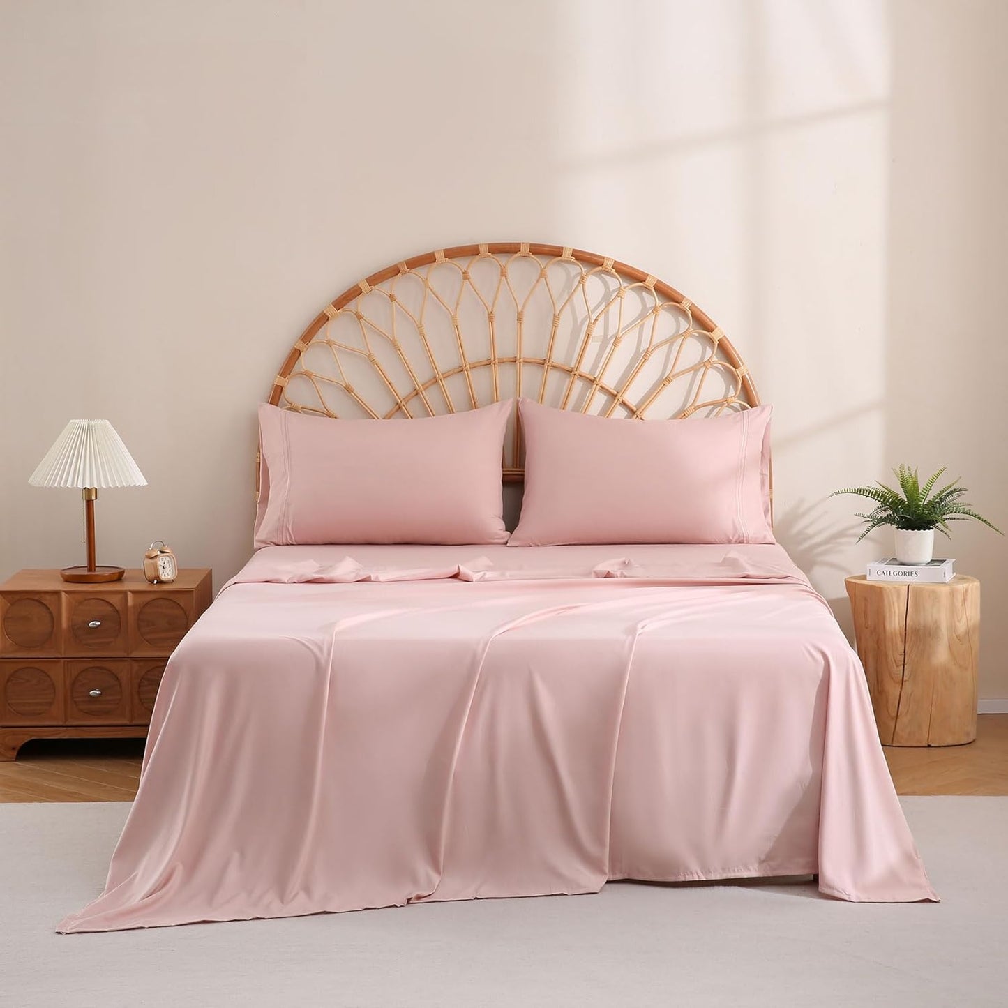 JSD Dusty Pink Queen Sheet Set with Side Storage Pocket, 4 Piece Soft Microfiber Bed Sheets Deep Pocket Corner Straps Oeko-Tex Certified