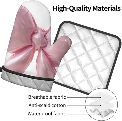 Light Pink Bow Balloon Oven Mitts and Pot Holders Sets,Heat Resistant Potholder Kitchen Decor for Cooking Baking BBQ, Oven Glove Set