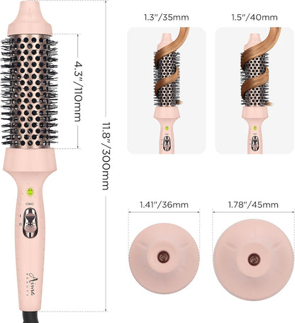 Aima Beauty Hair Curling Iron Brush, 1.5" 40mm Ceramic Hot Brush with Ion Technology for Root Volume and Quick Curls - Dual Voltage & 60Mins Auto-Off, Pink
