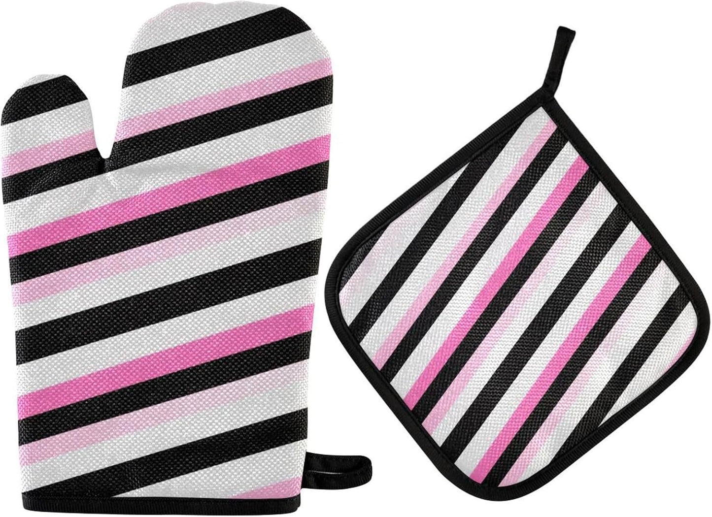 Black Pink and White Stripes Oven Mitts and Pot Holders Set for Cooking Baking Kitchen Decor
