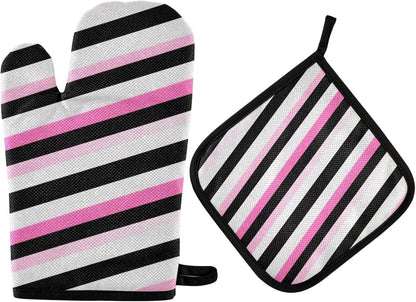 Black Pink and White Stripes Oven Mitts and Pot Holders Set for Cooking Baking Kitchen Decor