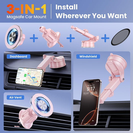 for MagSafe Magnetic Car Phone Holder [2026 Upgraded Strongest Magnet] Car Mount Suction Cell Stand for Dashboard Windshield Vent Compatible with iPhone 16/15/14/13/12/11 Android etc-Pink