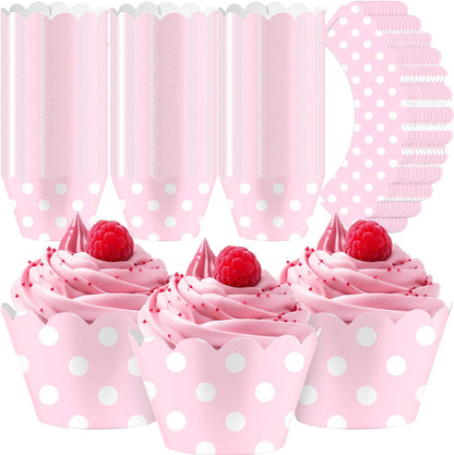 Domensi 100 Pcs Pink Polka Dots Cupcake Wrappers Easter Rustic Cupcake Liners Baking Cups Baking Liners for Mother's Day Wedding Bridal Baby Shower Birthday Pastel Party Supplies Dessert Decoration