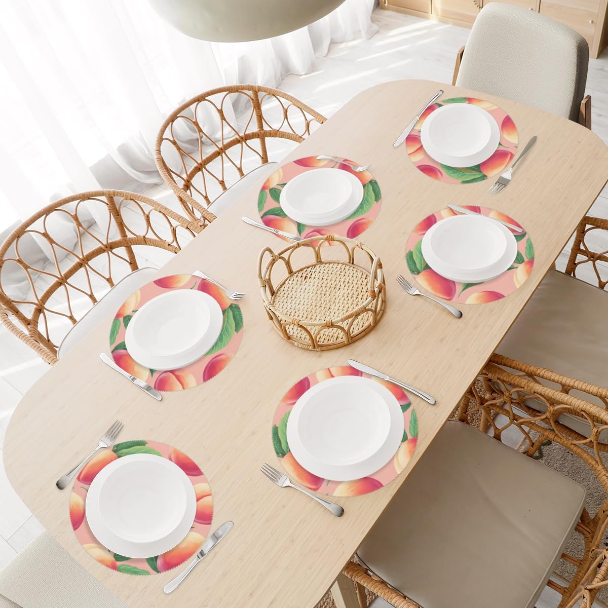 Round Placemat Set of 4-15 Inch Non Slip Heat Resistant Table Mats Washable Place Mats for Kitchen Dining Party Table Decor Peach Fruit Pattern