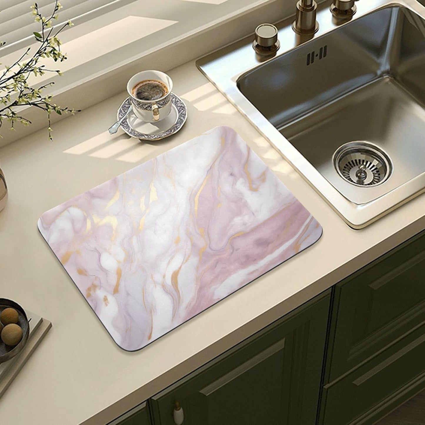 Pink Marble Dish Drying Mat for Kitchen Counter Absorbent Microfiber Small Drying Pad Dish Mats for Kitchen Countertops 15.7x11.8 Inch