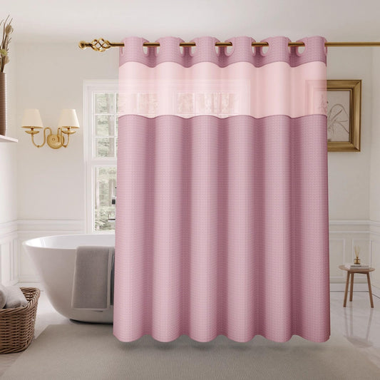 Inhousolu No Hook Shower Curtain with Snap-in Fabric Liner, Waffle Weave 230 GSM Polyester, Weighted Hem, Water Repellent Washable, Mesh Top Window 72" W x 72" L Pink