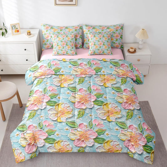 Erosebridal Pink Flower Twin Comforter Set with Sheets, Spring Peach Blossom Water Color 7 Piece Bedding Set Garden Botanical Daisy Bed in a Bag, Green Leaves Plant Decor, Cute Room Decor Aesthetic