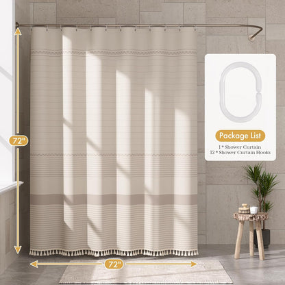 AmazerBath Boho Shower Curtain, Modern Farmhouse Shower Curtain Set with Tassels, Rustic Faux Linen Pink Striped Shower Curtain with Hooks, Light Tan Toned, 72x72 Inches