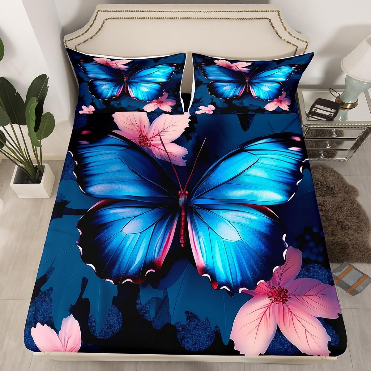 Erosebridal Dreamy Butterfly Bed Sheets Twin,Leaves Sheet Set Pink Peach Blossom Fitted Sheet Honeycomb Backdrop,Floral Leaf Top Sheet Aesthetic Animal Flying Butterflies Room Decor