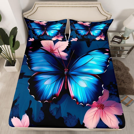 Erosebridal Dreamy Butterfly Bed Sheets Twin,Leaves Sheet Set Pink Peach Blossom Fitted Sheet Honeycomb Backdrop,Floral Leaf Top Sheet Aesthetic Animal Flying Butterflies Room Decor