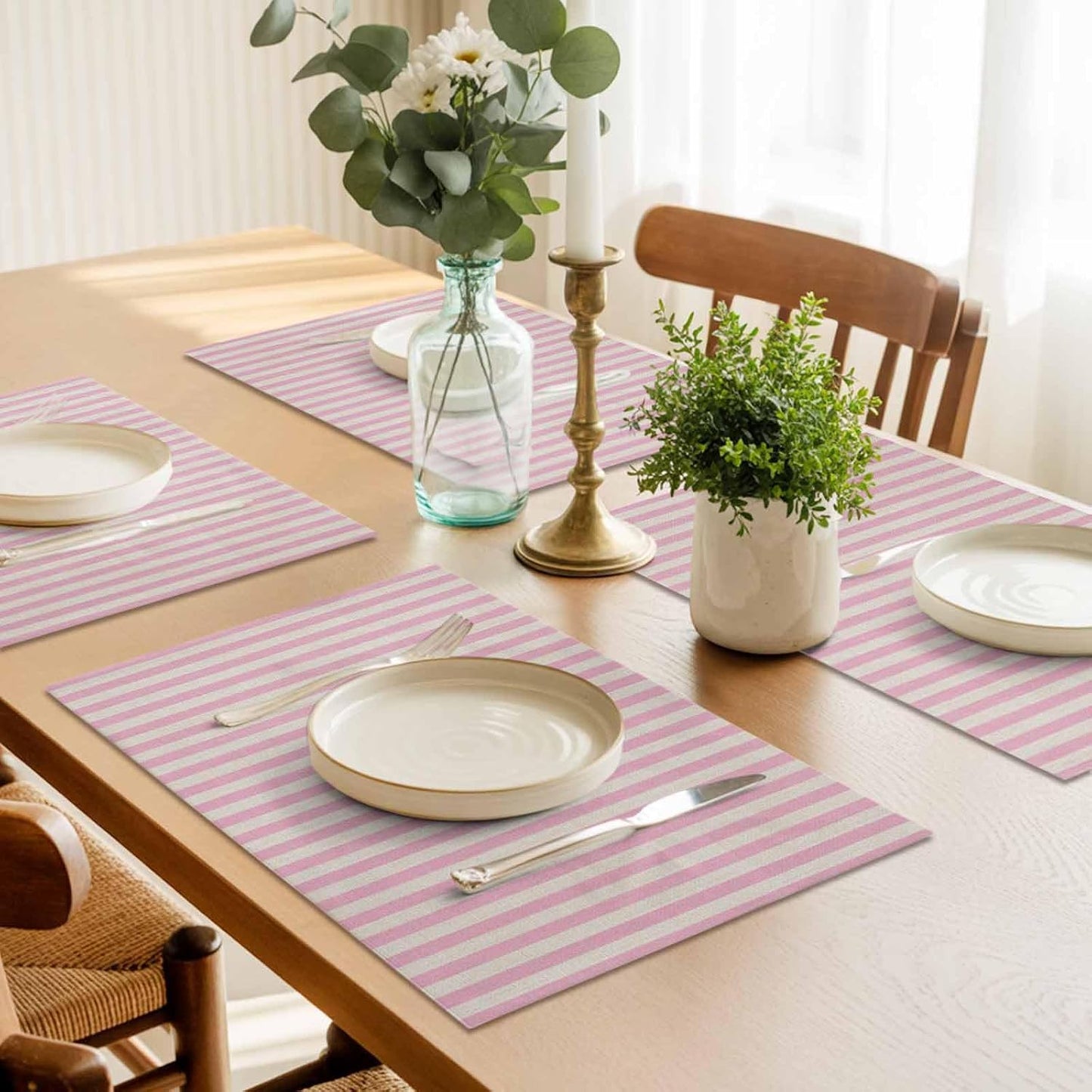 Pink Stripes Placemat Set of 6 Non-Slip Placemats for Dining Table Linen Classic Vertical Striped Washable Table Mats, Heat Resistant Kitchen Table Mats for Party, Dining Room & Home Decor