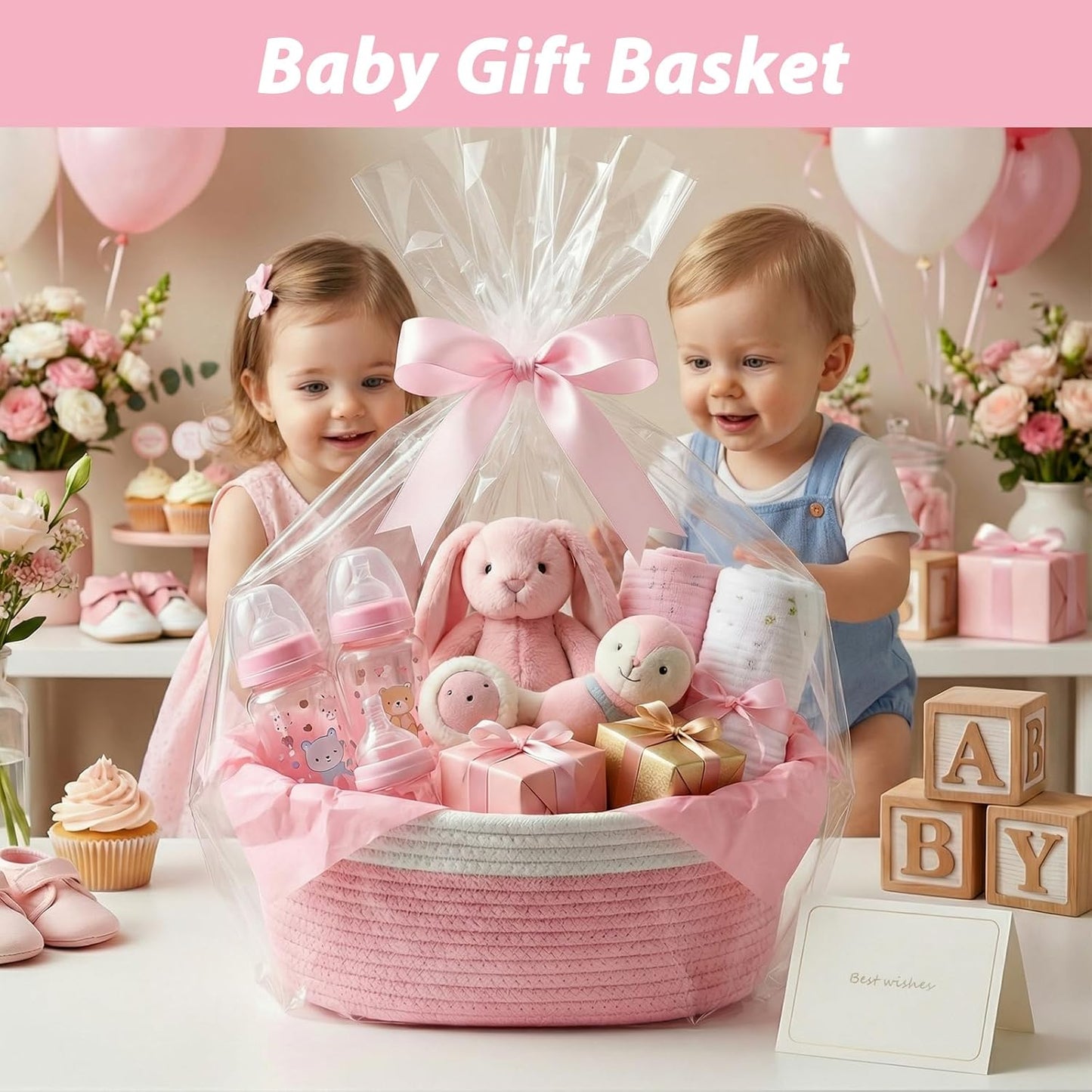 woric Baby Gifts Basket Woven Basket Rope Baskets for Wedding Gifts Empty Baby Shower Toy Storage Girls Birthday Graduation Decor (Pink 12"X 8" X 5" with Gift Bag Card Ribbon Tissue Paper)