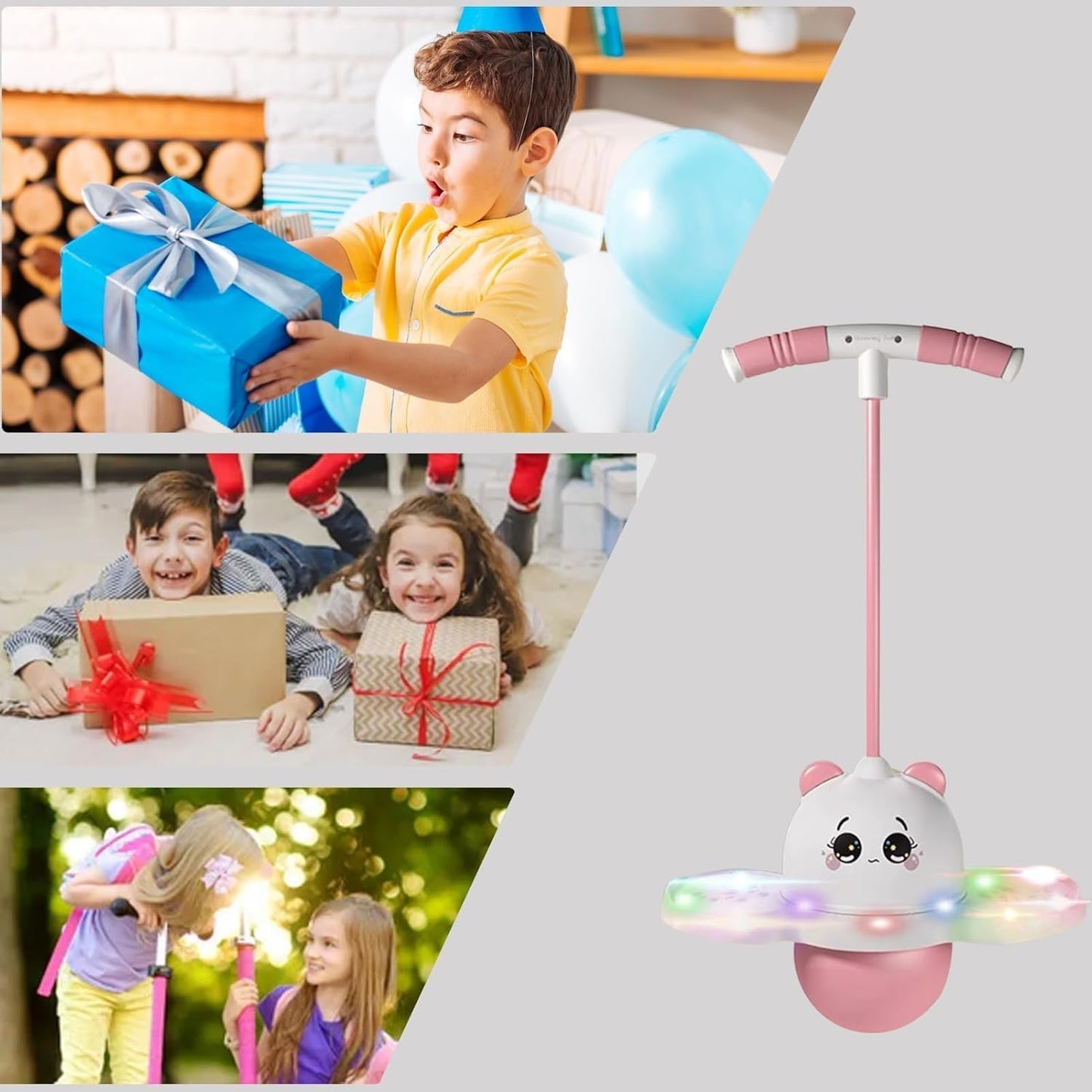 Balance Pogo Ball with Handle for Kids, Jumping Trick Ball Toy with Colourful LED Lights Panda Shape, Fun Bounce Toy for Boys Girls Balance Training