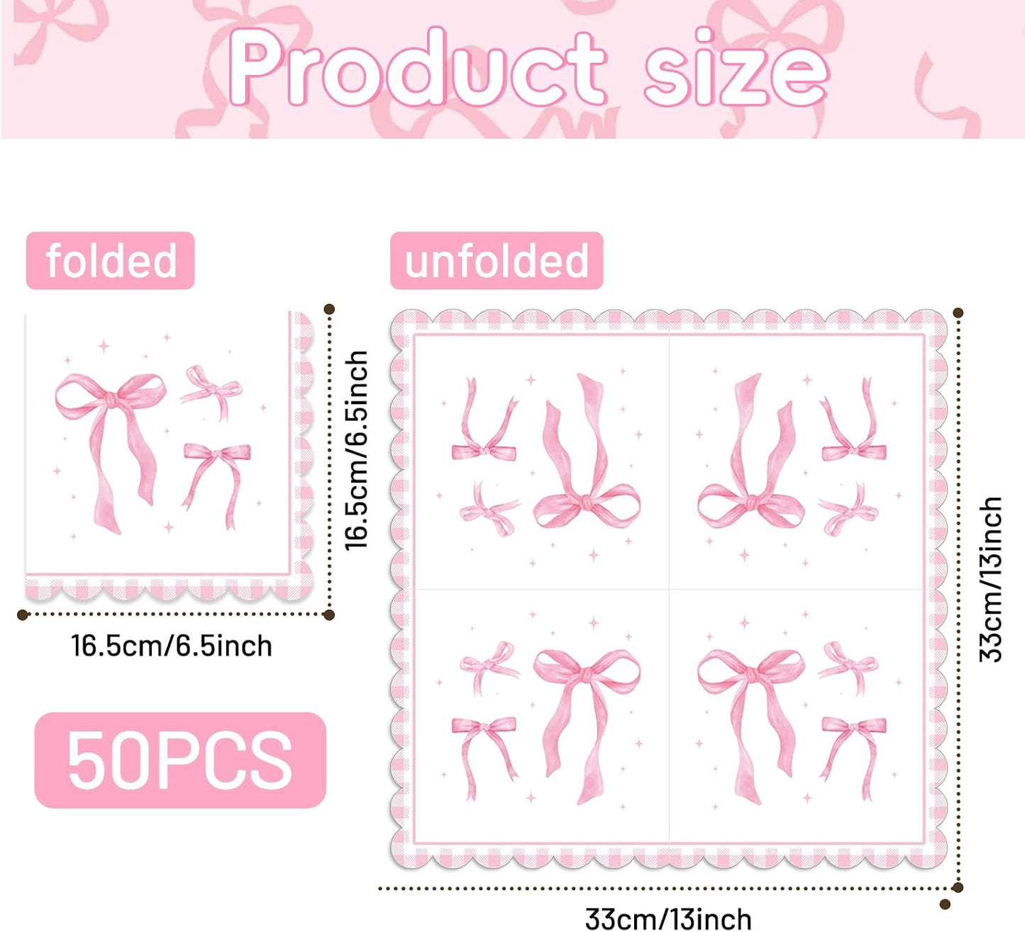 Pack of 50, Pink Ribbon Bow Napkins, Watercolor Bow Design Disposable Paper Napkins for Wedding, Birthday, Bachelorette, Baby Shower, Tea Party, Girls Coquette-Style Supplies, 13x13 Inches Unfolded