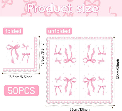 Pack of 50, Pink Ribbon Bow Napkins, Watercolor Bow Design Disposable Paper Napkins for Wedding, Birthday, Bachelorette, Baby Shower, Tea Party, Girls Coquette-Style Supplies, 13x13 Inches Unfolded