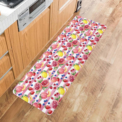 Kitchen Rugs and Mats, Summer Peach Lemon Grapefruit 2 Piece Area Runner Rug Set Comfort Standing Floor Mat, Blueberry Strawberry Pink Stripe Non Slip Absorbent Doormats for Laundry/Bathroom/Bedroom
