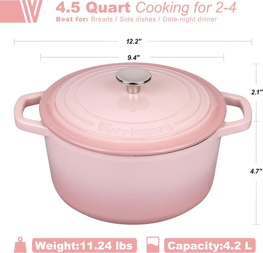VORRINGARD Enameled Cast Iron Dutch Oven Pot with Lid, for Bread Baking, Round Bread Oven- include Sourdough Bread Baking Supplies set, 4.5QT, Pink