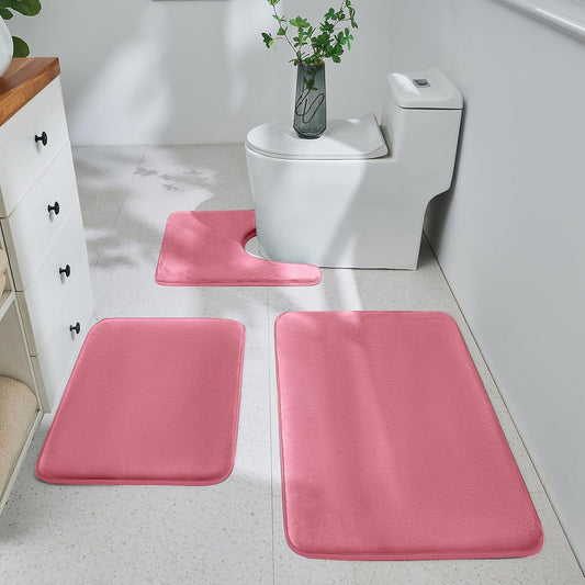 HUXMEYSON Bathroom Rugs Sets 3 Piece, Ultra Soft Velvet Memory Foam Bath Rugs, Non-Slip & PVC Backing Bathroom Mat Set, Washable Quick Dry Bath Rug - Pink
