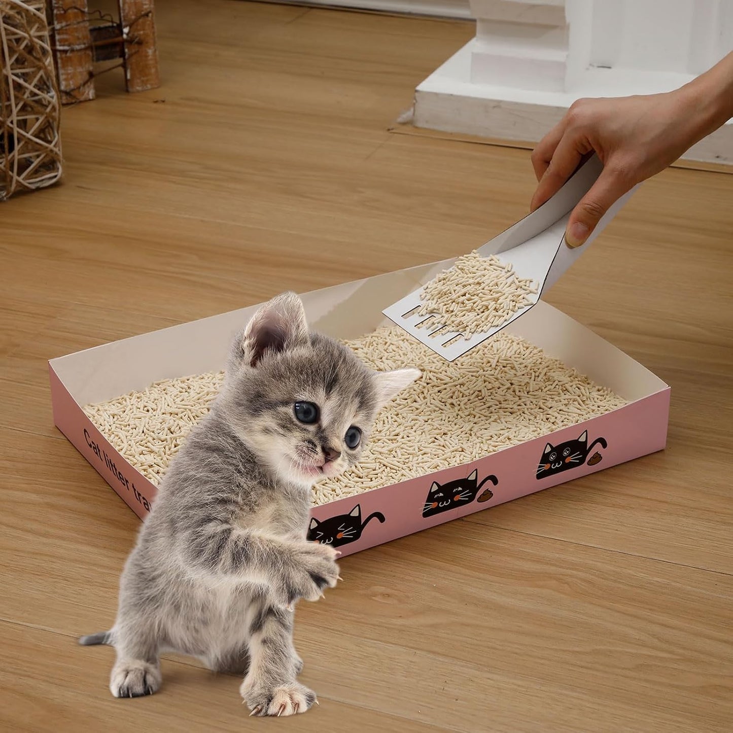 Amyhill 60 Pack Disposable Litter Boxes for Cats, 30 Foldable Travel Kitty Litter Boxes & 30 Scoops, Portable Waterproof Cardboard Cat Trays for Small Pets, 13.8 x 10 x 2inch Pink