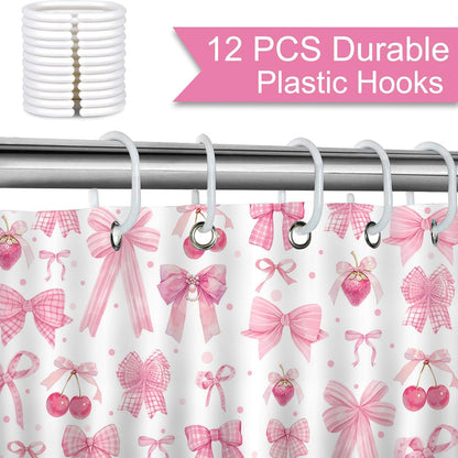 Mocsicka Pink Bow Shower Curtain Valentines Pink Bow Cherry Strawberry Bathroom Shower Curtain Cute Pink Bow Aesthetic Waterproof Fabric Shower Curtain Bathtub Decor with 12 Hooks 72 X 72 inch
