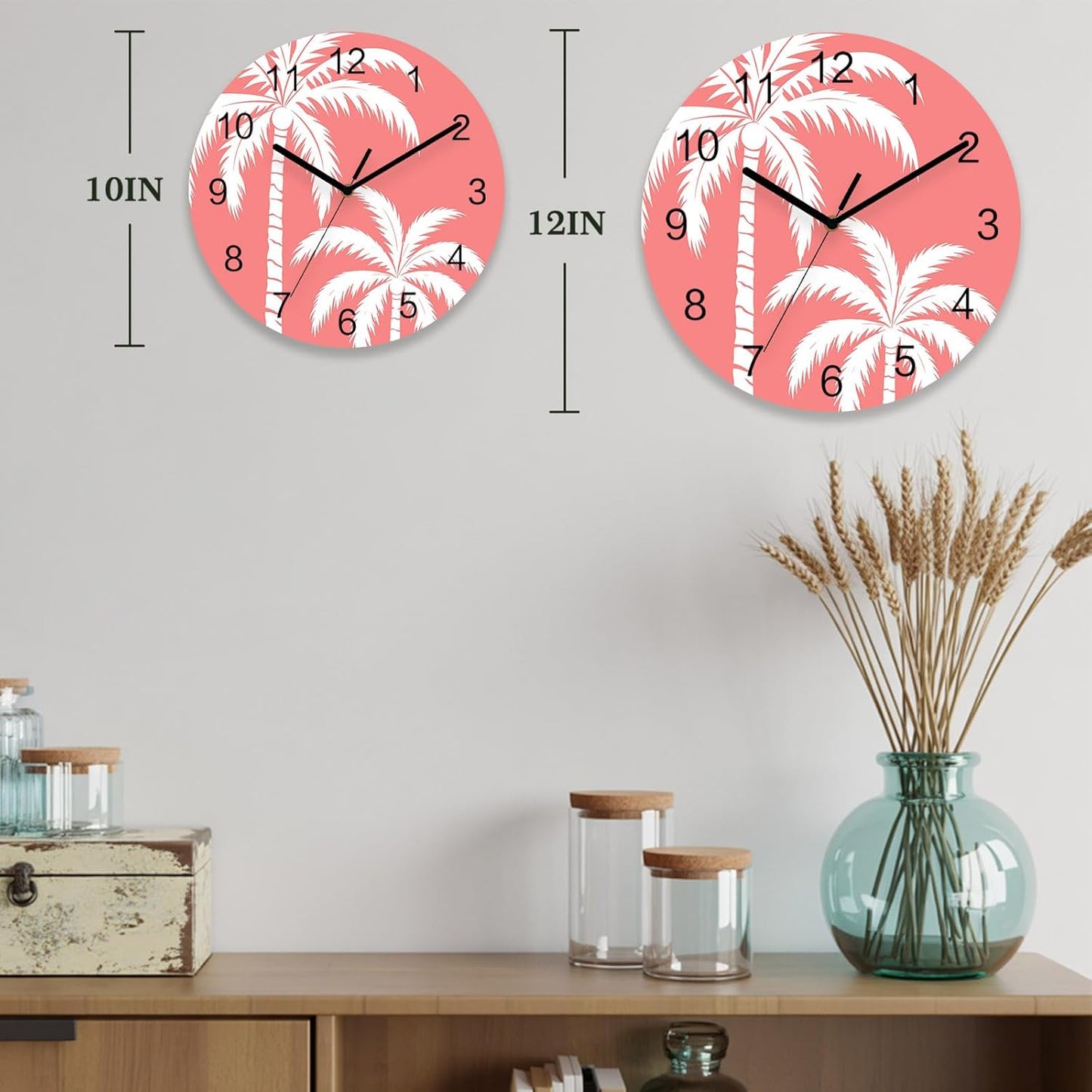 Coastal Palm Tree Wall Clock Battery Operated Non-Ticking 10" Round Wood Clocks, Tropical Plant Coral Pink Kitchen Wall Clock for School Bathroom Living Room Home Office Wall Decor