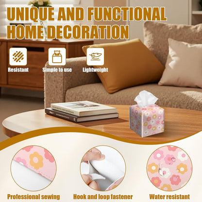 Retro Pink Flower Tissue Box Cover 2PCS, Leather Tissue Box Holder Square Facial Paper Case Tissue Box Cube Organizer for Bathroom Bedroom Desk Office