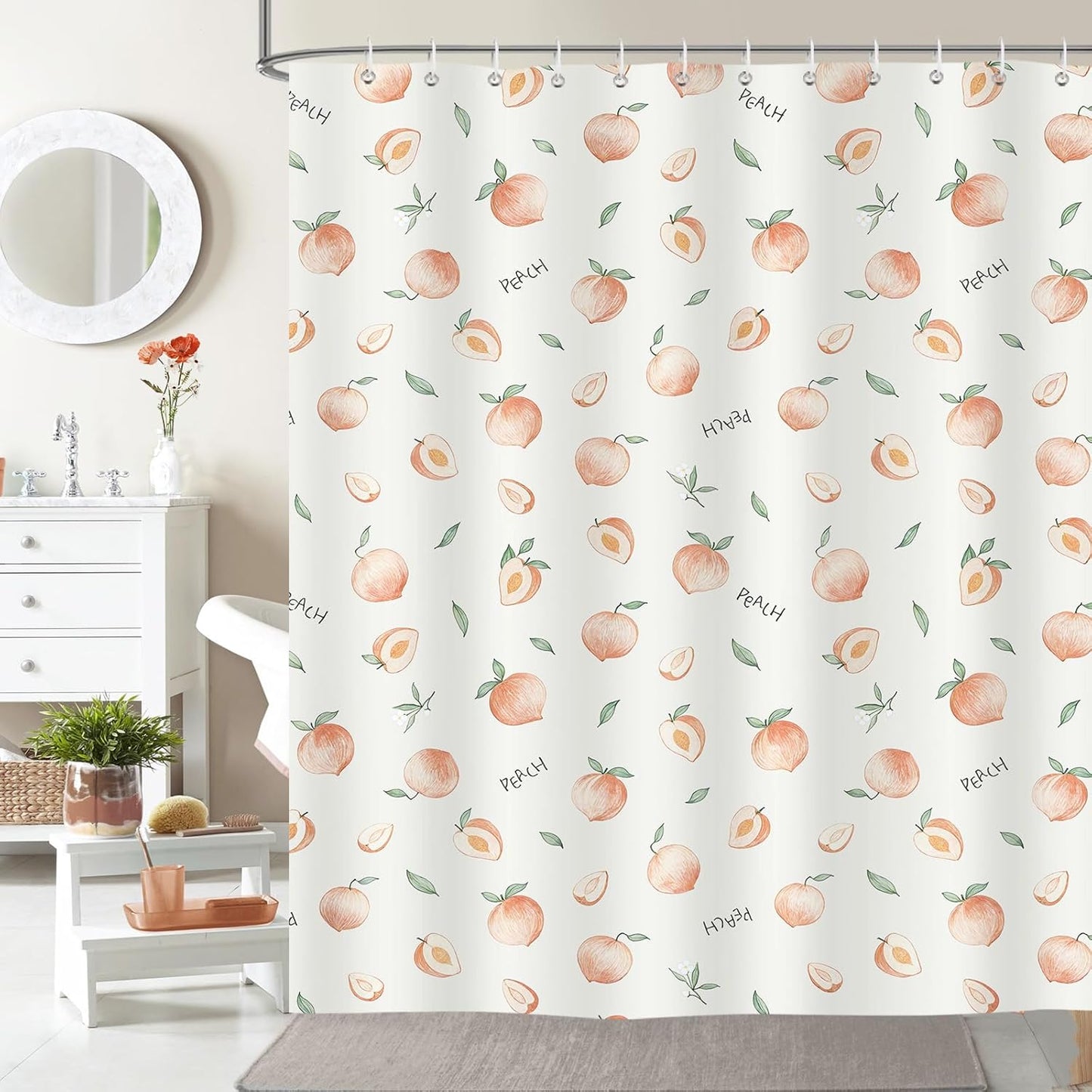 Peach Shower Curtain, Cute Allover Fruits Design 72 x 72 Inch Peachy Pink Waterproof Polyester Fabric Shower Curtain with 12 Hooks