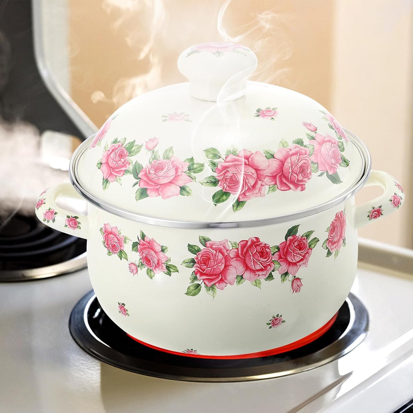 Enamel Stock Pot with Lid 20cm Pink Rose Pattern Double Handle Thickened Stew Pot for Stove Top Cooking
