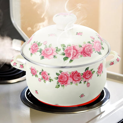 Enamel Stock Pot with Lid 20cm Pink Rose Pattern Double Handle Thickened Stew Pot for Stove Top Cooking