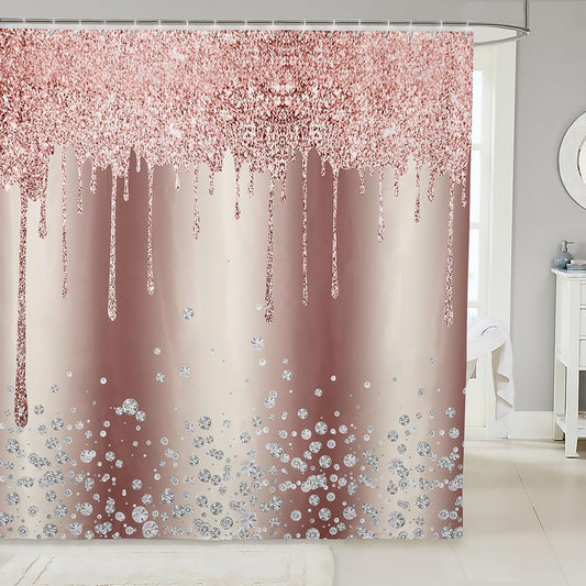 jejeloiu Pink Rose Gold Shower Curtain for Bathroom Decor for Kids Boys Girls,72"x72",Glitter Diamond Pattern Bath Curtain,Diamond Theme Bathroom Accessories,Glitter Waterproof Polyester Fabric
